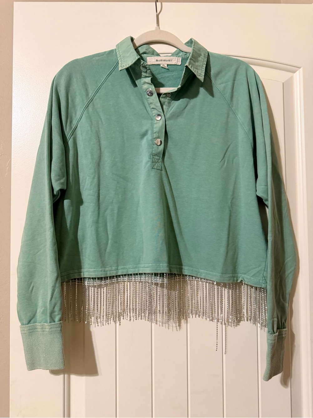 Bluevelvet Mint Green Long-Sleeve Shirt with Silver Fringe NWOT